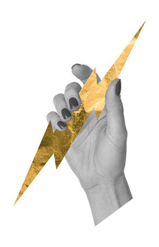 Woman hand holding golden lightning bolt. Power and energy symbol. Surreal collage artwork. Strength and empowerment concept.