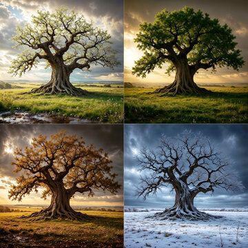 Four Seasons of Single Oak Tree, Spring Summer Autumn and Winter Landscape Concept