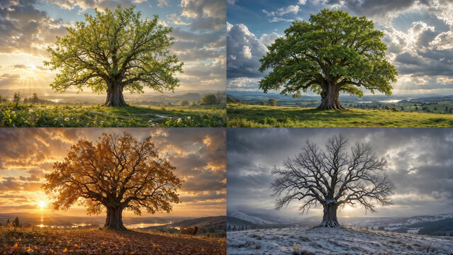 Four Seasons of Single Oak Tree, Spring Summer Autumn and Winter Landscape Concept