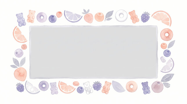 Watercolor pastel fruit and berry rectangular frame on light background, Halloween sweets border with copy space