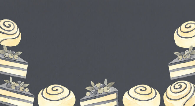 Flat vector bottom border of cakes, teacups, and berries on dark grey background, Halloween cafe header with copy space