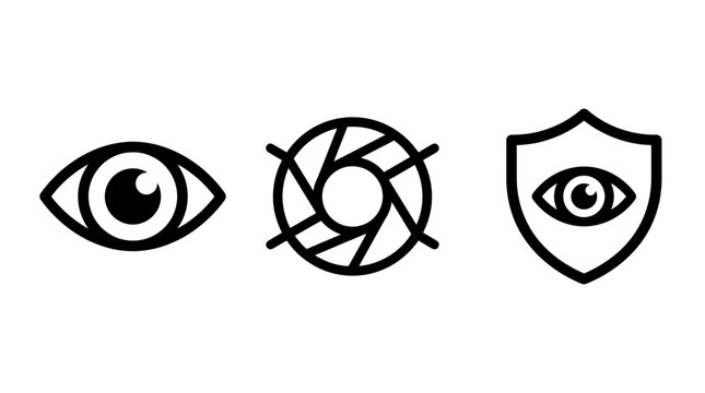 Three line icons depicting an eye camera shutter eye on a shield shutter speed camera lens protection security aperture surveillance observation illustration isolated pictogram