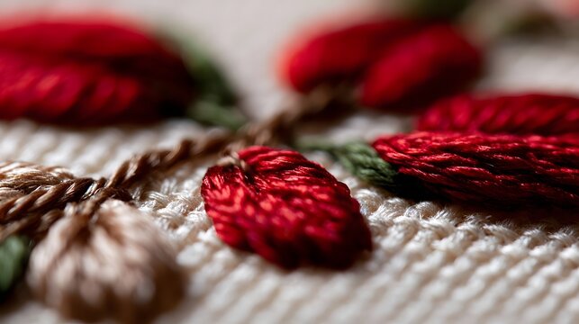 Close up of red embroidered flowers on textured fabric with soft bokeh background and detailed stitching patterns