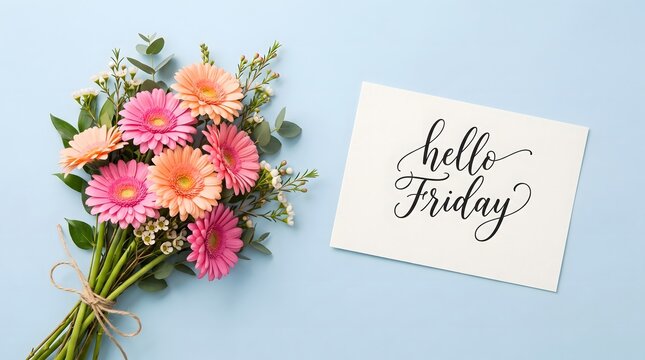 A beautiful bouquet of pink and orange flowers with a handwritten note saying hello friday on blue background