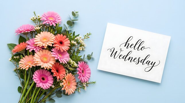 A beautiful bouquet of colorful flowers next to a white card with the handwritten text hello wednesday