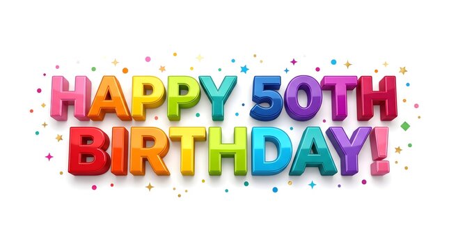 Colorful happy 50th birthday text with festive confetti isolated on a clean white background for celebration cards