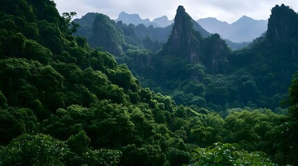 Obraz premium Lush green forest blankets towering karst mountains under a soft overcast sky creating serene natural scenery