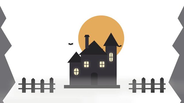 Spooky haunted house animation with full moon and bats