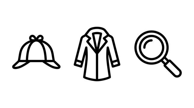 Detective investigation icons set featuring deerstalker hat trench coat and magnifying glass detective investigation deerstalker magnifying research inspector minimalist illustration clothing
