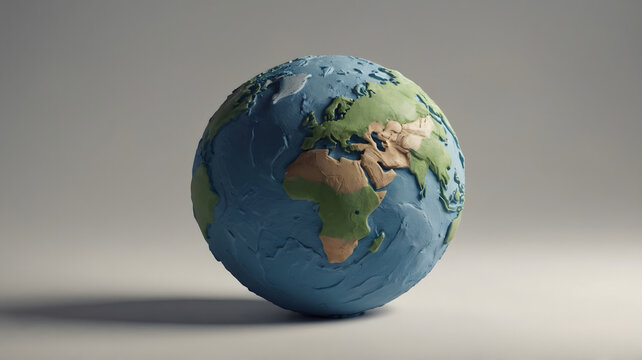 Stylized 3D render globe map of planet Earth on gray background