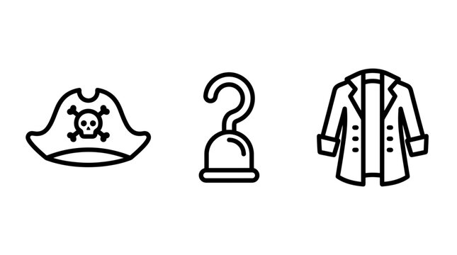 Pirate themed gear icon set including hat hook and jacket with illustration isolated collection clothing accessory maritime adventure character equipment fashionable nautical treasure