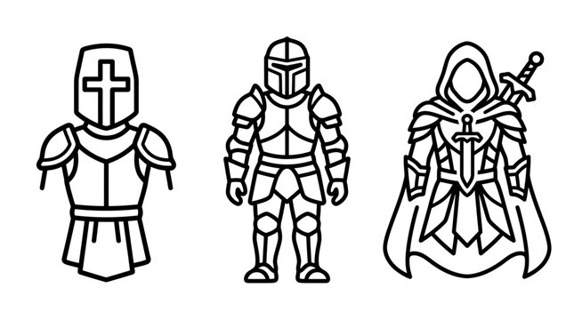 Set of three medieval warrior icons featuring knight crusader armor soldier suit and rogue assassin gear crusader assassin medieval equipment protection clothing character illustration