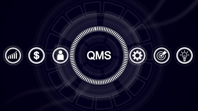 Sleek digital HUD interface displaying QMS Management System in white text with surrounding for business metrics and innovation on a dark technological background
