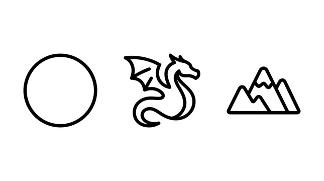 Set of three linear icons depicting a circle a dragon figure mountain peaks with mountain creature mythological illustration landscape geometry minimalist interface adventure climbing