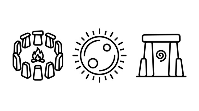 Ancient stone circle monument and sun line art icons for historical heritage concept with monument heritage archaeology megalith prehistoric mysterious illustration monochrome minimalist
