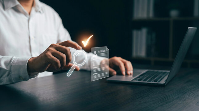 Person reviewing digital document with magnifying glass, checkmark icon and laptop, symbolizing audit, verification, and data analysis for business