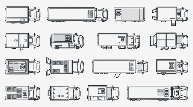 Industrial Black and White Line Drawing Illustrations of Various Types of Utility Vehicles and Trailers