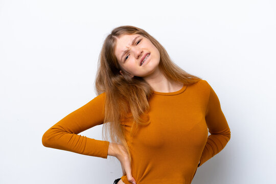Teenager Russian girl isolated on white background suffering from backache for having made an effort