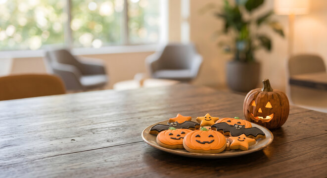 Plate of Halloween cookies with pumpkin face and jack-o-lantern on rustic wooden table, Halloween cafe dessert background with copy space