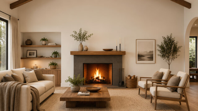 Cozy contemporary living room interior with glowing fireplace neutral furniture and warm evening atmosphere