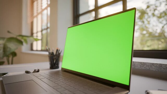 Laptop PC with Green Screen on Office Desk in Sunny Room - Perspective View