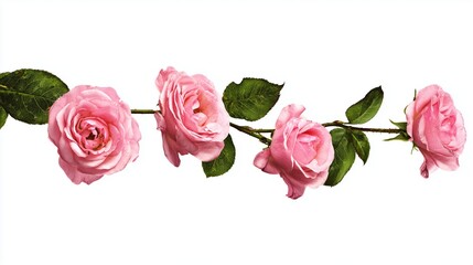 Fototapeta premium Branch of four pink roses isolated on white background, delicate and romantic