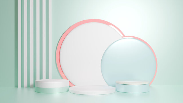 Mint green minimalist product display podiums with geometric shapes, platform