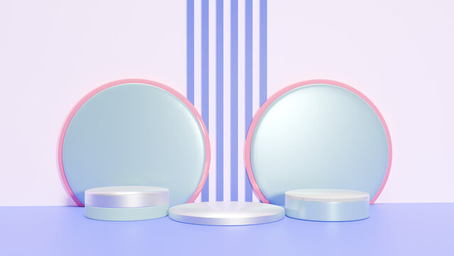 Minimalist 3D cosmetic product display podiums with pastel circular backgrounds