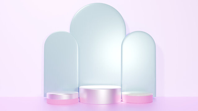 Three tiered cosmetic display podiums with arch shaped backdrops, platform