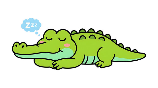 Cute crocodile lying flat and snoozing isolated on transparent background