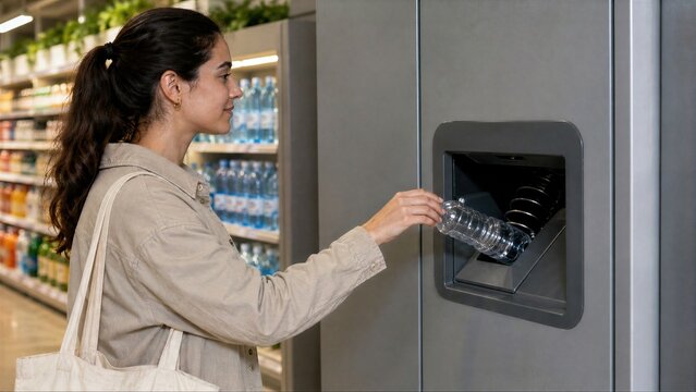 Woman Inserting a Clear Plastic Bottle Into a Recycling Return Machine in a Supermarket