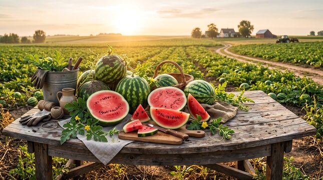 Fresh ripe sliced watermelons on a rustic wooden table in a farm field at sunset harvest time