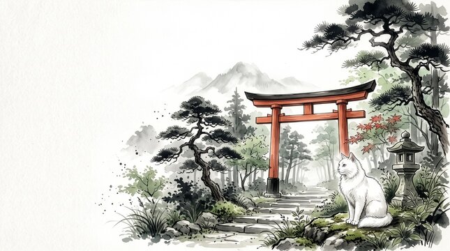 Watercolor style illustration of a white cat sitting near a japanese torii gate
