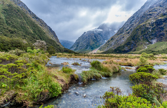 Kristallklarer Gebirgsbach im Hollyford-Tal, vermutlich Monkey Creek, an der Milford Road, Fiordland-Nationalpark, Neuseeland