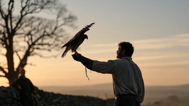 Falconer in traditional leather gauntlets releasing a hawk across a misty rolling farmland at Thanksgiving harvest dusk, bird a sharp silhouette against pale amber sky, handler