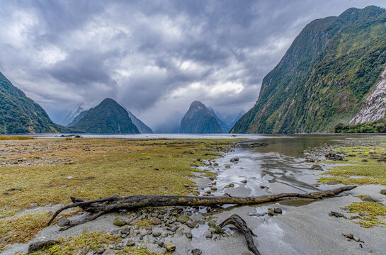 Milford Sound mit Mitre Peak im Nebel: Ausflugsboot durchquert den Fjord bei Ebbe, Fiordland-Nationalpark, Neuseeland