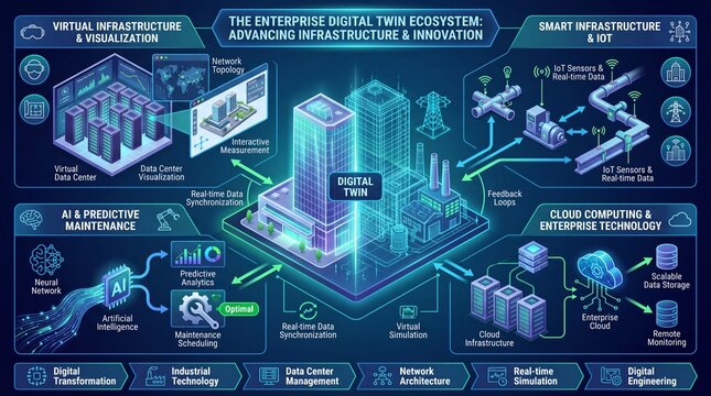 Digital twin ecosystem illustration with smart infrastructure, AI predictive maintenance, cloud computing, real time data, and IoT sensor integration for advanced infrastructure innovation