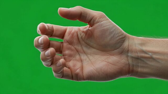 Human hand open palm gesture isolated on green screen background for digital compositing