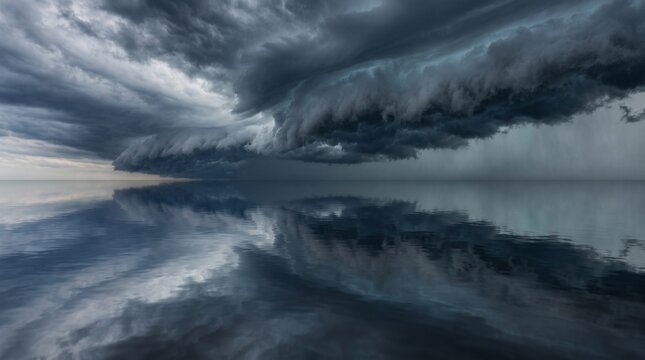Storm clouds over water reflecting shelf cloud on calm ocean surface. Featuring dramatic dark sky weather atmosphere and tranquil sea background. Perfect for natural disaster and climate