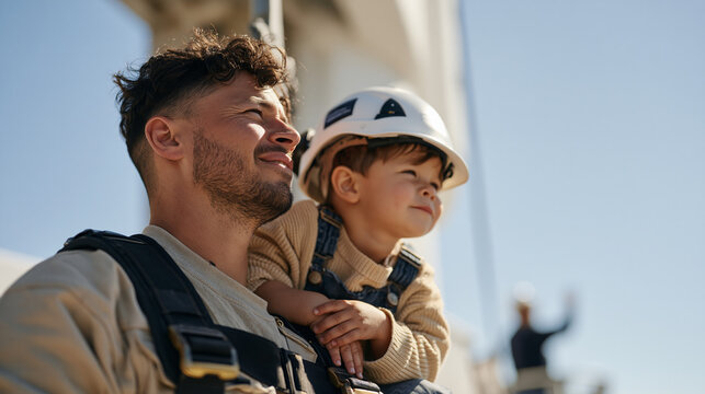 Child on the shoulders of a high-rise window cleaning rig operator at midday, both squinting against sun glare as the child peers through a spotless pane at a New Year babysitter