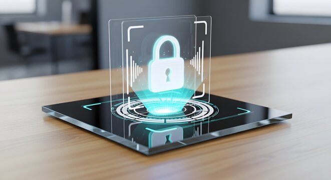 Futuristic digital cyber security padlock hologram displaying data protection concept on office desk.