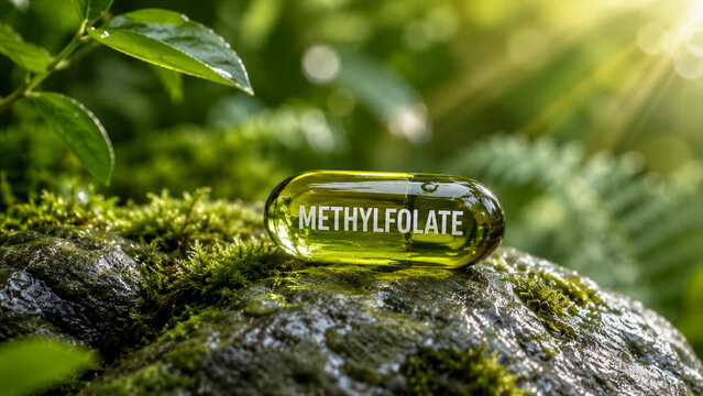 A methylfolate capsule rests on a mossy rock. Green leaves and plants surround the rock, showing a natural forest scene. Light filters through the trees above