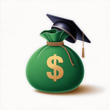 Green money bag with a black graduation cap on top