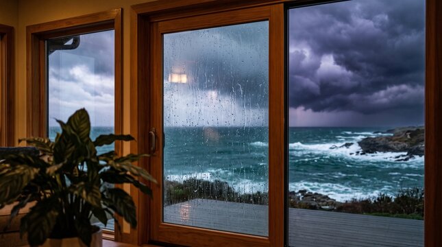 Stormy ocean view through wet glass window pane. Highlighting dark clouds rain droplets on glass cozy house interior and rough sea waves. Ideal for weather forecasting background.