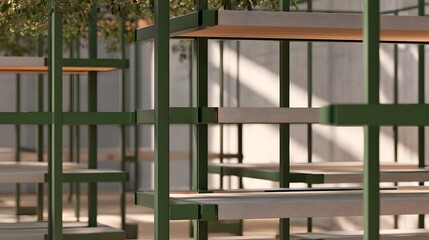 Fototapeta premium Green metal shelving units with wooden slats arranged in a modular pattern under natural light