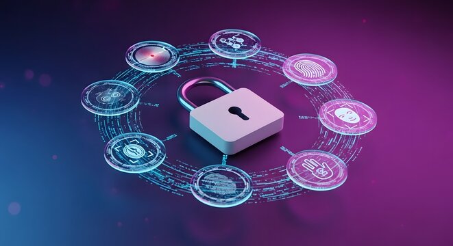 Digital security concept with a central padlock surrounded by connected icons.