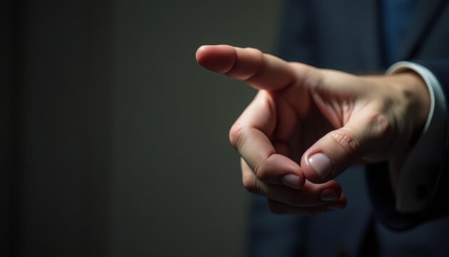 Pointing hand closeup, male business hand in suit pointing hand toward camera with index finger extended, shallow depth of field emphasizes gesture and authority,