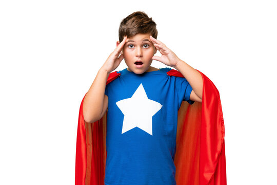 Super Hero caucasian kid over isolated chroma key background with surprise expression