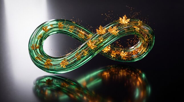 Infinity symbol made of translucent green glass with golden maple leaves inside, floating on a dark reflective surface