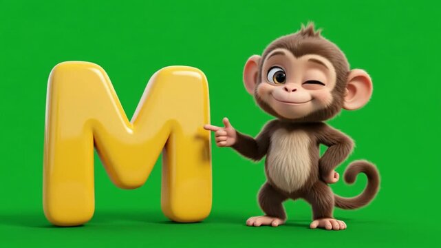 Cute cartoon monkey winking and pointing at a big glossy yellow letter M on a green background for alphabet learning